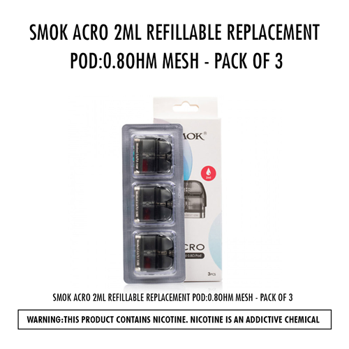 Smok Acro 2Ml Refillable Replacement Pod:0.8Ohm Mesh - Pack Of 3