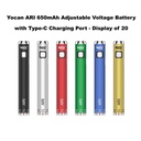 Yocan ARI 650mAh Adjustable Voltage Battery with Type-C Charging Port - Display of 20
